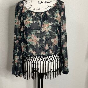 264- LuccaCouture, EUC Navy Floral Sheer Top with Fringe at Hem. Size Small
